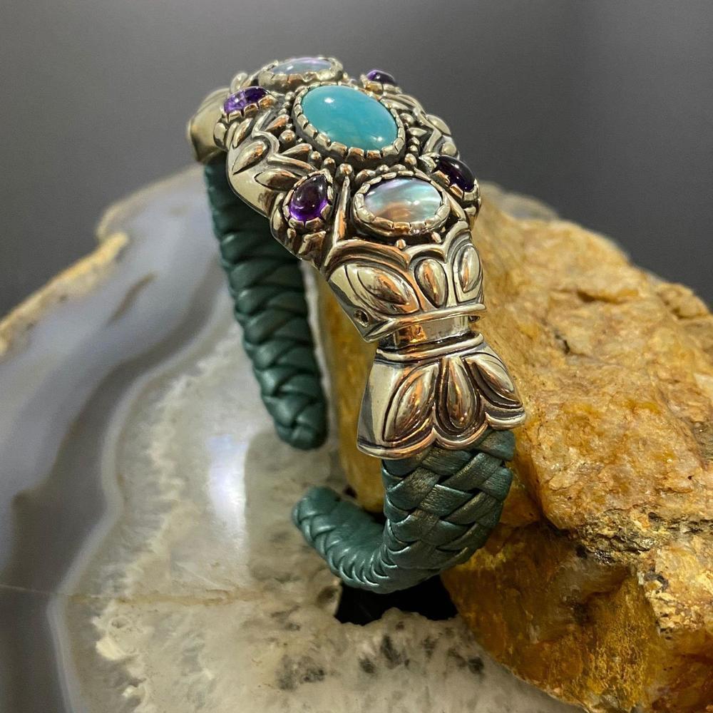 Carolyn Pollack Sterling Multi Gemstone Turquoise Braided Leather Hinge Bracelet - Picture 5 of 10